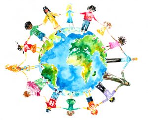 Children holding hands around the globe