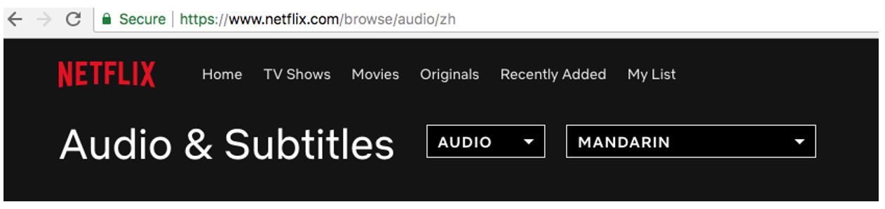 Image of a screenshot from Netflix showing Audio settings set to Mandarin. 