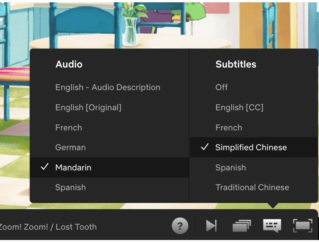 Screen capture image of Audio and Subtitle settings in Netflix showing a range of available languages. 