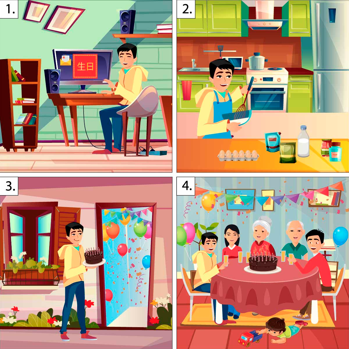 A four-panel illustration showing a student going to a birthday party for his Chinese grandmother. 