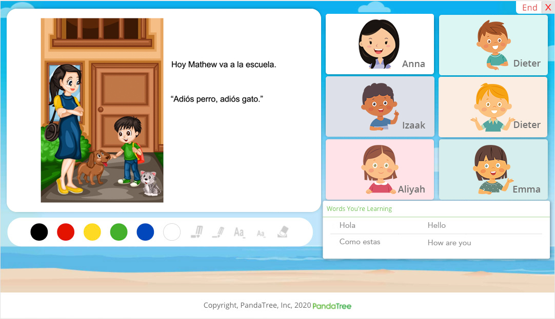 Image of computer screen with a learning pod and a teacher in an online group language lesson. 